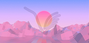 Abstract vaporwave landscape with sun rising over - royalty-free vector image