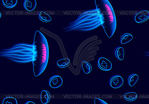 Jellyfish seamless pattern with neon glowing vibran - vector clipart