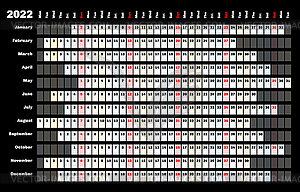 Black linear calendar 2022 with days and months - vector clip art