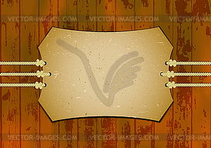Card on ropes with wooden background - vector clip art