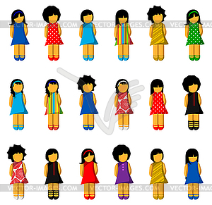 Set of girl icons with colorful dresses - vector image