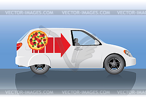 Белый доставка пиццы автомобиля - векторный клипарт / векторное изображение