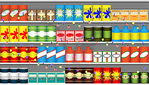 Supermarket shelves with boxes - vector clipart