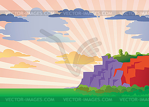 Mountain landscape with sun rays - vector clipart