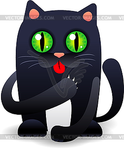 Black cat licking his paw - vector image