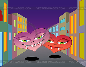 Vampire hearts walking down street - vector clipart