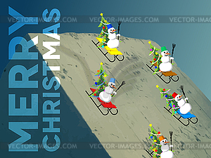 Snowmen skating down hill - vector clipart