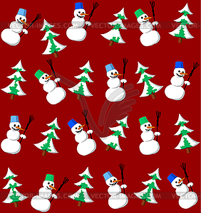 Snowman and fir seamless pattern - vector clip art