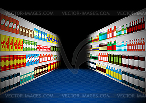 Dark supermarket shelves corridor - vector image