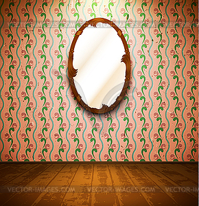 Vintage room with mirror and floral wallpaper - vector image