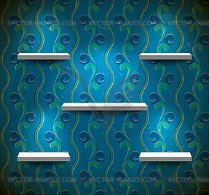 Shelves on grungy blue wall - vector EPS clipart