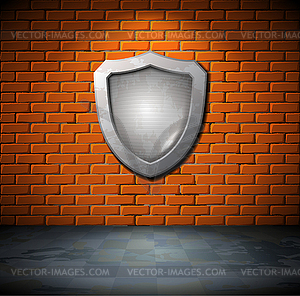 Brick room with steel shield - color vector clipart