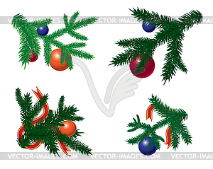 Set of fir branches with baubles - vector clipart