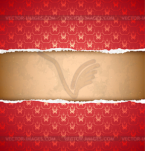 Torn red ornamental wallpaper - color vector clipart