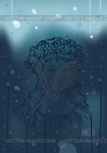 Girl at wet window - vector clip art