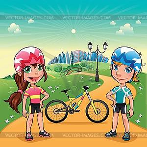 Park with young bikers - vector clip art