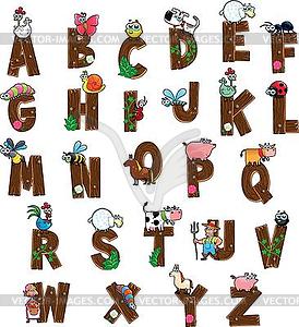 Alphabet with animals and farmers - vector clip art