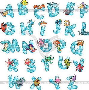 Alphabet with fish and bubbles - vector image