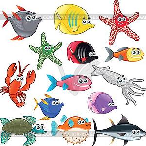 Family of funny fish - vector image