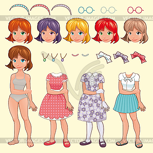 Female avatar with different dresses and items - vector image