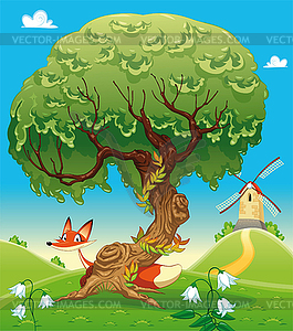 Landscape with fox behind tree - vector clipart