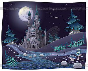 Nightly panorama with castle - vector clipart