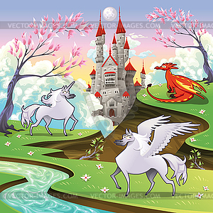 Pegasus, unicorn and dragon in mythological - vector clipart