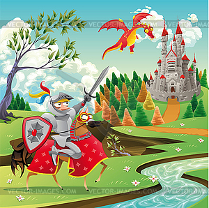 Panorama with medieval castle, dragon and knight - vector image