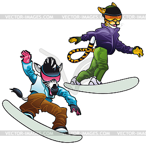 Savannah animals on snowboard - vector EPS clipart