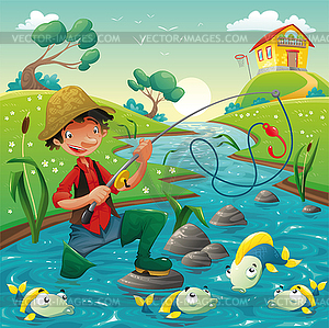 Cartoon scene with fisherman and fish - vector image