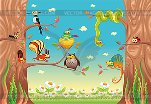 Funny animals on branches - vector clip art