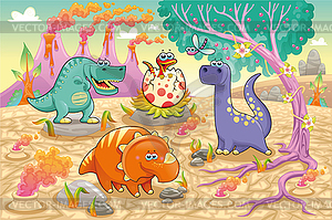 Group of funny dinosaurs in prehistoric landscape - vector image