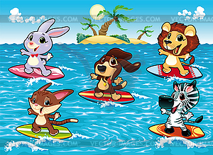 Funny animals are surfing in sea - royalty-free vector image