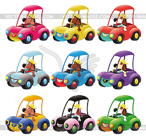 Cars group guided by dog - vector image