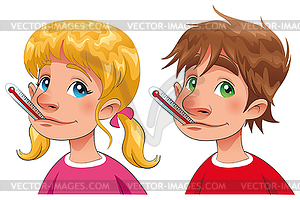 Boy and girl with thermometer - vector image