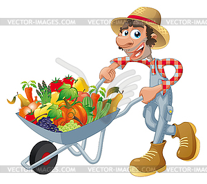 Peasant with wheelbarrow, vegetables and fruits - vector clip art