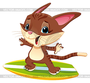 Cat with surf - color vector clipart