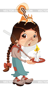 Young girl with squirrel and candle - vector clipart