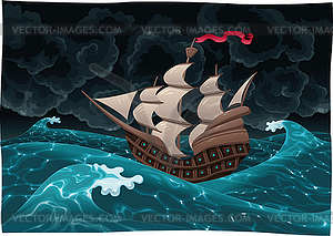 Galleon in sea with storm - vector clipart