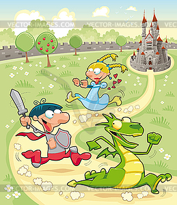 Dragon, Prince and Princess with background - vector clipart