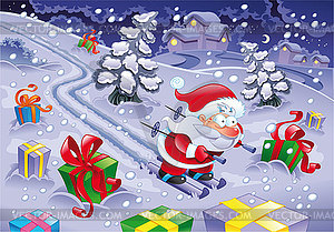 Santa Claus skiing in night - vector clip art