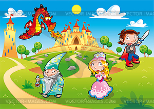 Medieval Age - Princess, Prince, Dragon, Magician - vector image