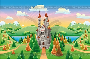 Panorama with medieval castle - vector image