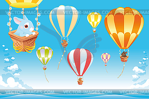 Hot air balloons in sky on sea with bunny - vector image