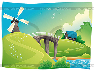 Countryside with windmill - vector clipart