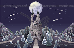 Panorama with medieval castle in night - vector clipart / vector image