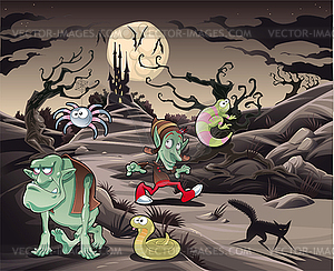 Horror landscape with characters - vector image