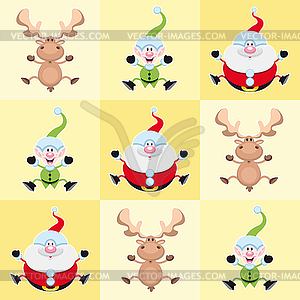 Christmas cartoon characters in yellow squares - vector image