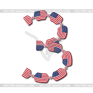 Number 3 made of USA flags in form of candies - vector image