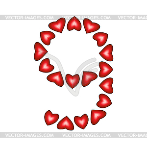 Number 9 made of hearts - color vector clipart